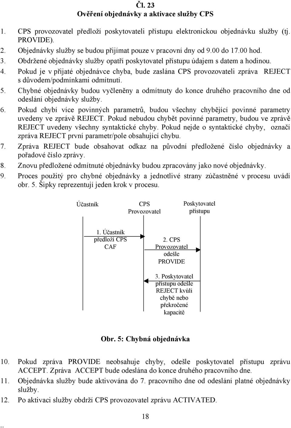 Pokud je v přijaté objednávce chyba, bude zaslána CPS provozovateli zpráva REJECT s důvodem/podmínkami odmítnutí. 5.