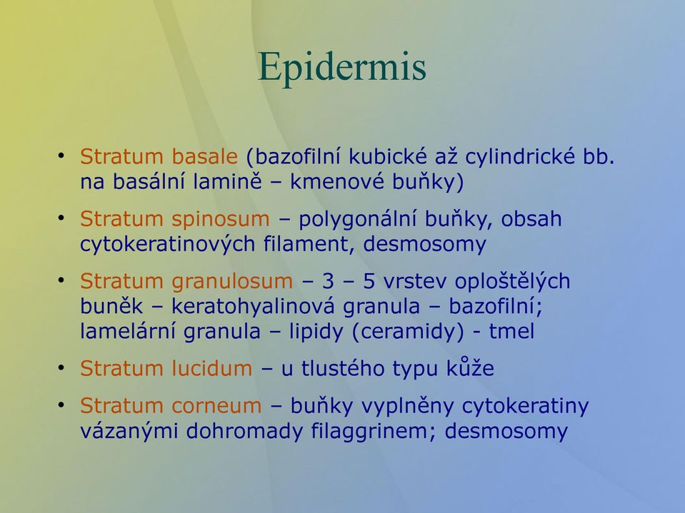 desmosomy Stratum granulosum 3 5 vrstev oploštělých buněk keratohyalinová granula bazofilní; lamelární