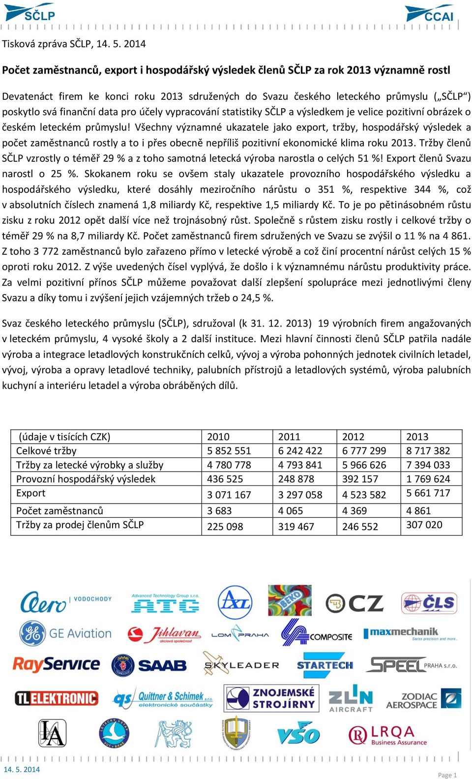 finanční data pro účely vypracování statistiky SČLP a výsledkem je velice pozitivní obrázek o českém leteckém průmyslu!