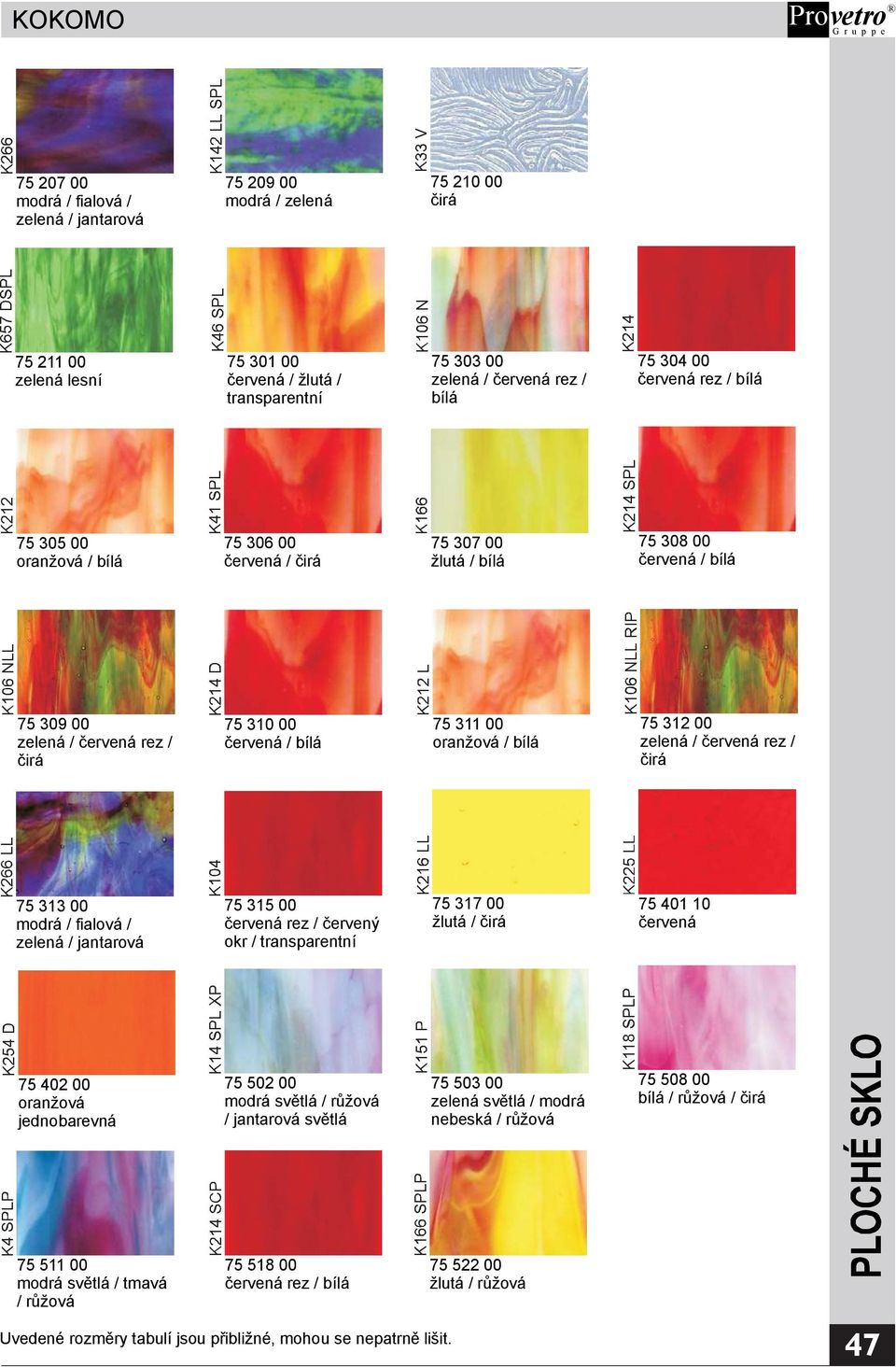 312 00 zelená /červená rez / 75 313 00 modrá /fialová / zelená /jantarová 75 315 00 červená rez /červený okr /transparentní 75 317 00 žlutá / 75 401 10 červená 75 402 00 oranžová jednobarevná