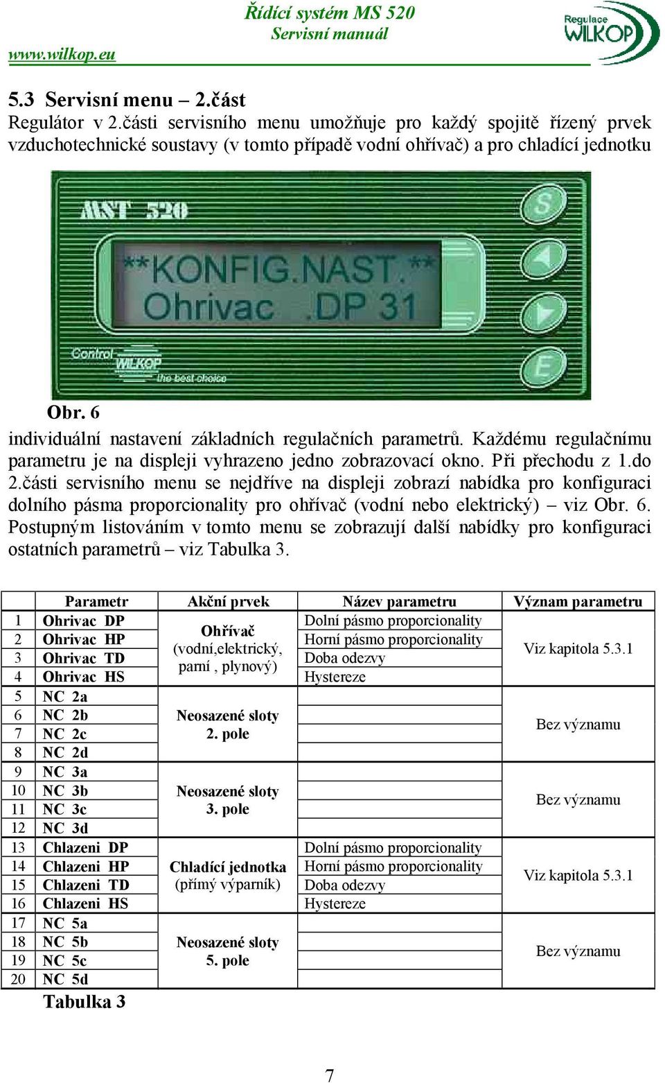 části servisního menu se nejdříve na displeji zobrazí nabídka pro konfiguraci dolního pásma proporcionality pro ohřívač (vodní nebo elektrický) viz Obr. 6.