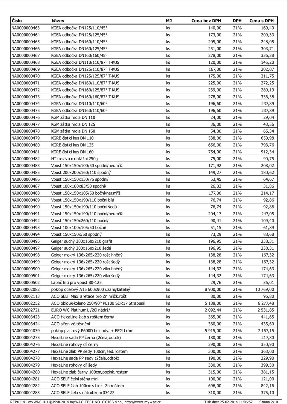 DN125/110/87 T-KUS ks 167,00 21% 202,07 NA0000000470 KGEA odbočka DN125/125/87 T-KUS ks 175,00 21% 211,75 NA0000000471 KGEA odbočka DN160/110/87 T-KUS ks 225,00 21% 272,25 NA0000000472 KGEA odbočka