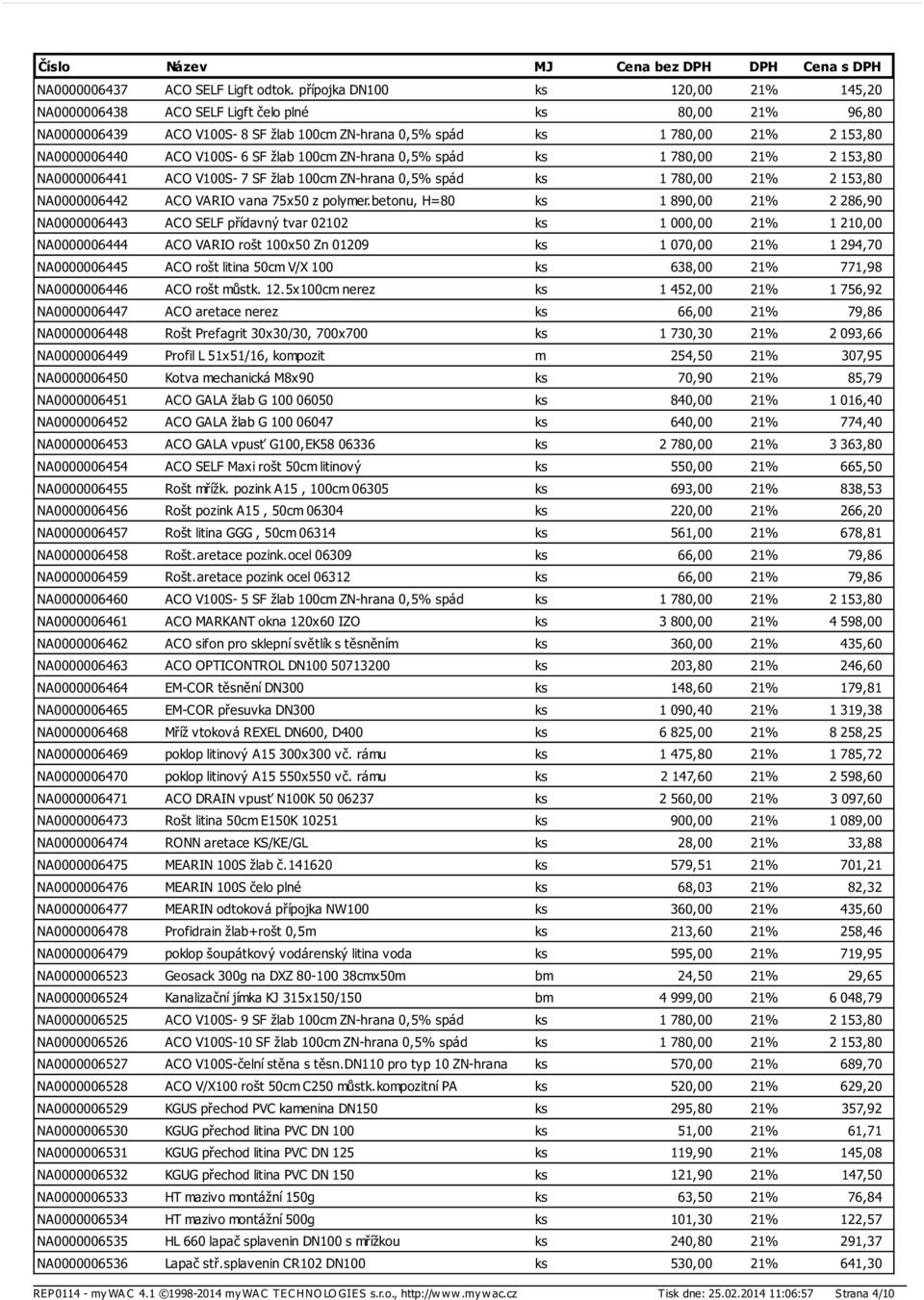 V100S- 6 SF žlab 100cm ZN-hrana 0,5% spád ks 1 780,00 21% 2 153,80 NA0000006441 ACO V100S- 7 SF žlab 100cm ZN-hrana 0,5% spád ks 1 780,00 21% 2 153,80 NA0000006442 ACO VARIO vana 75x50 z polymer.