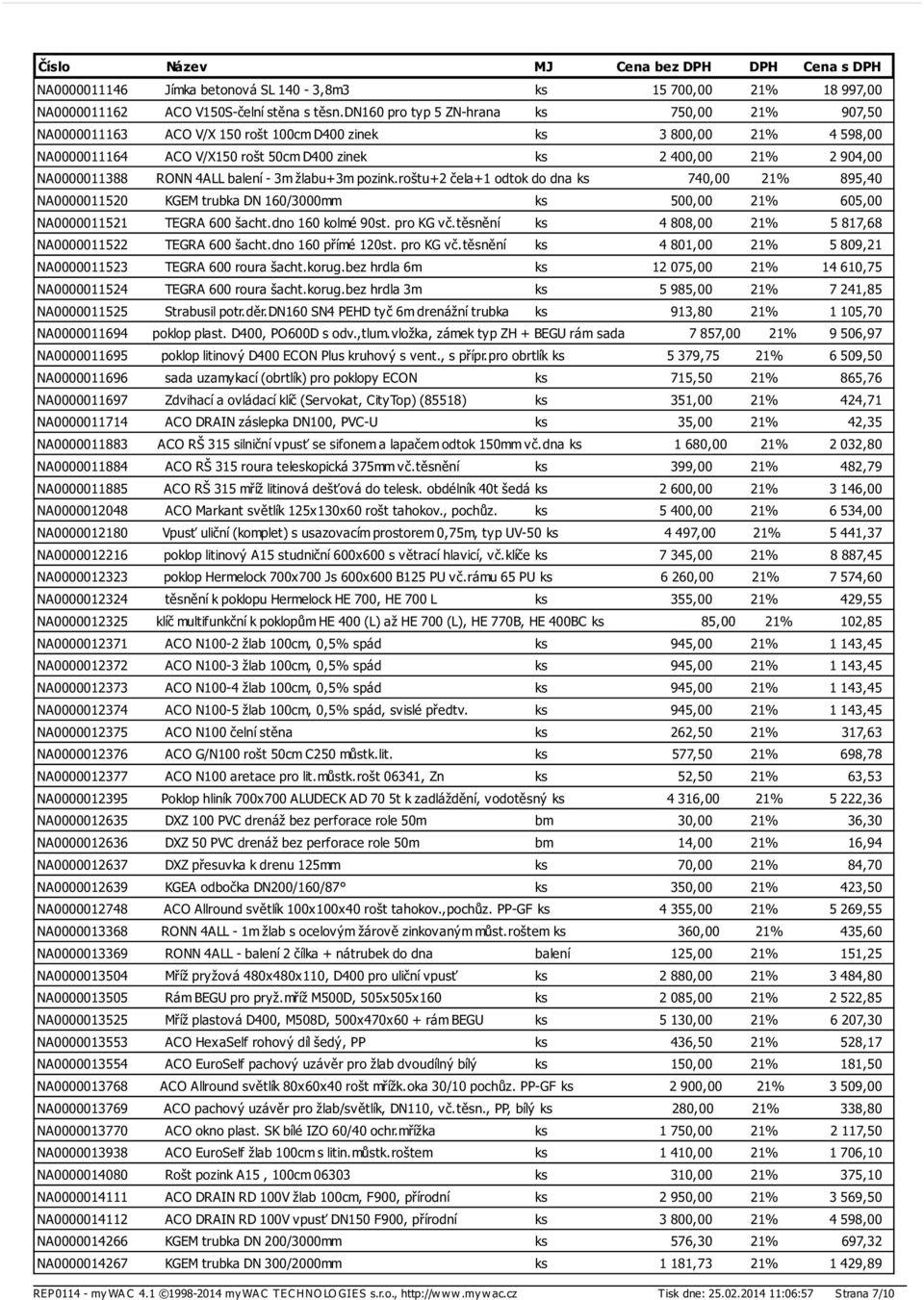 NA0000011388 RONN 4ALL balení - 3m žlabu+3m pozink.roštu+2 čela+1 odtok do dna ks 740,00 21% 895,40 NA0000011520 KGEM trubka DN 160/3000mm ks 500,00 21% 605,00 NA0000011521 TEGRA 600 šacht.