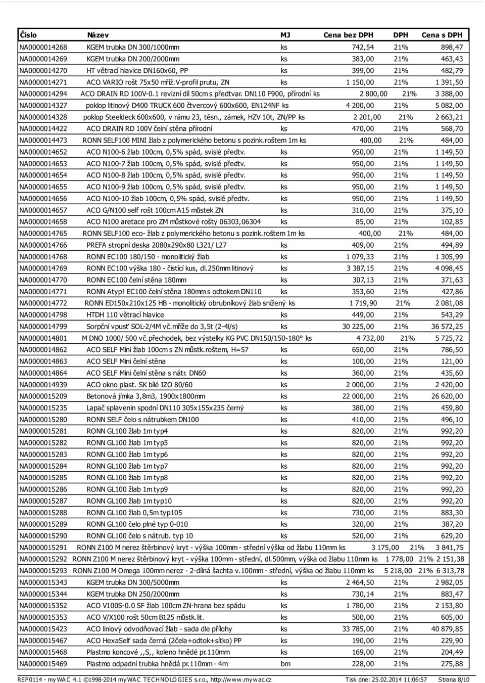 DN110 F900, přírodní ks 2 800,00 21% 3 388,00 NA0000014327 poklop litinový D400 TRUCK 600 čtvercový 600x600, EN124NF ks 4 200,00 21% 5 082,00 NA0000014328 poklop Steeldeck 600x600, v rámu 23, těsn.