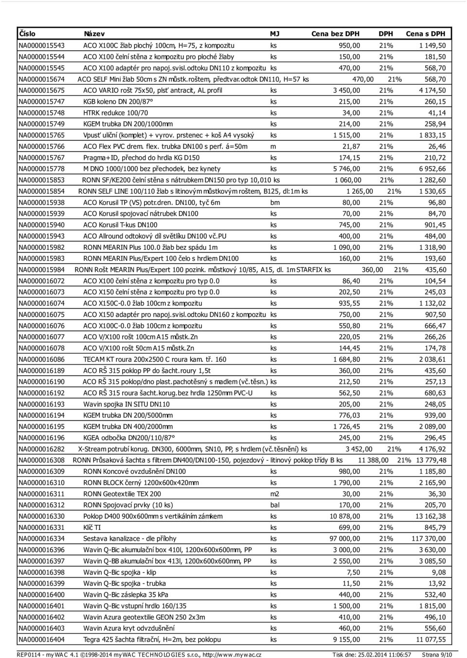 odtok DN110, H=57 ks 470,00 21% 568,70 NA0000015675 ACO VARIO rošt 75x50, plsť antracit, AL profil ks 3 450,00 21% 4 174,50 NA0000015747 KGB koleno DN 200/87 ks 215,00 21% 260,15 NA0000015748 HTRK