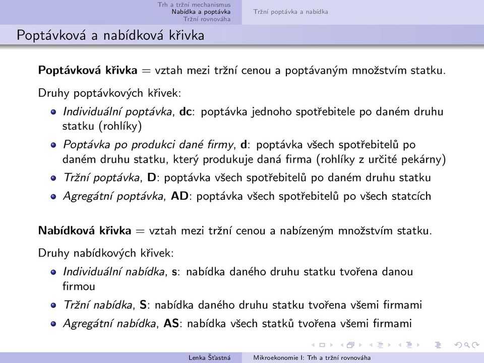 statku, který produkuje daná firma (rohĺıky z určité pekárny) Tržní poptávka, D: poptávka všech spotřebitelů po daném druhu statku Agregátní poptávka, AD: poptávka všech spotřebitelů po všech