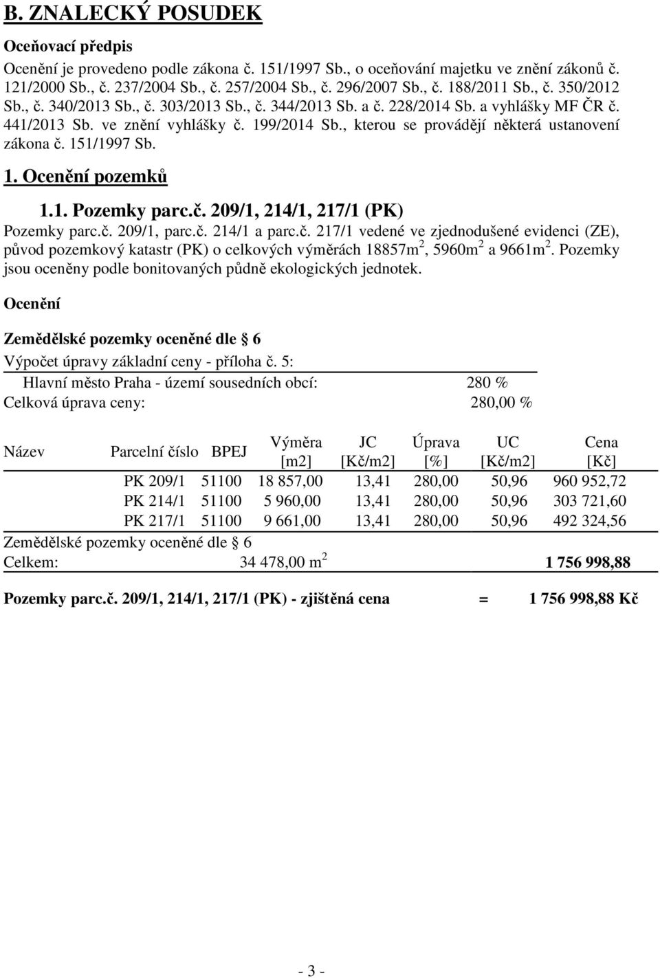 , kterou se provádějí některá ustanovení zákona č. 151/1997 Sb. 1. Ocenění pozemků 1.1. Pozemky parc.č. 209/1, 214/1, 217/1 (PK) Pozemky parc.č. 209/1, parc.č. 214/1 a parc.č. 217/1 vedené ve zjednodušené evidenci (ZE), původ pozemkový katastr (PK) o celkových výměrách 18857m 2, 5960m 2 a 9661m 2.