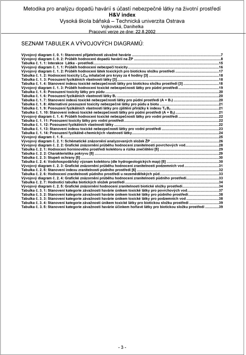 ..18 Tabulka č. 1. 3: Posouzení fyzikálních vlastností látky [3]...18 Tabulka č. 1. 4: Stanovení indexu toxické nebezpečnosti látky pro biotickou složku prostředí [3]...18 Vývojový diagram č. 1. 3: Průběh hodnocení toxické nebezpečnosti látky pro půdní prostředí.