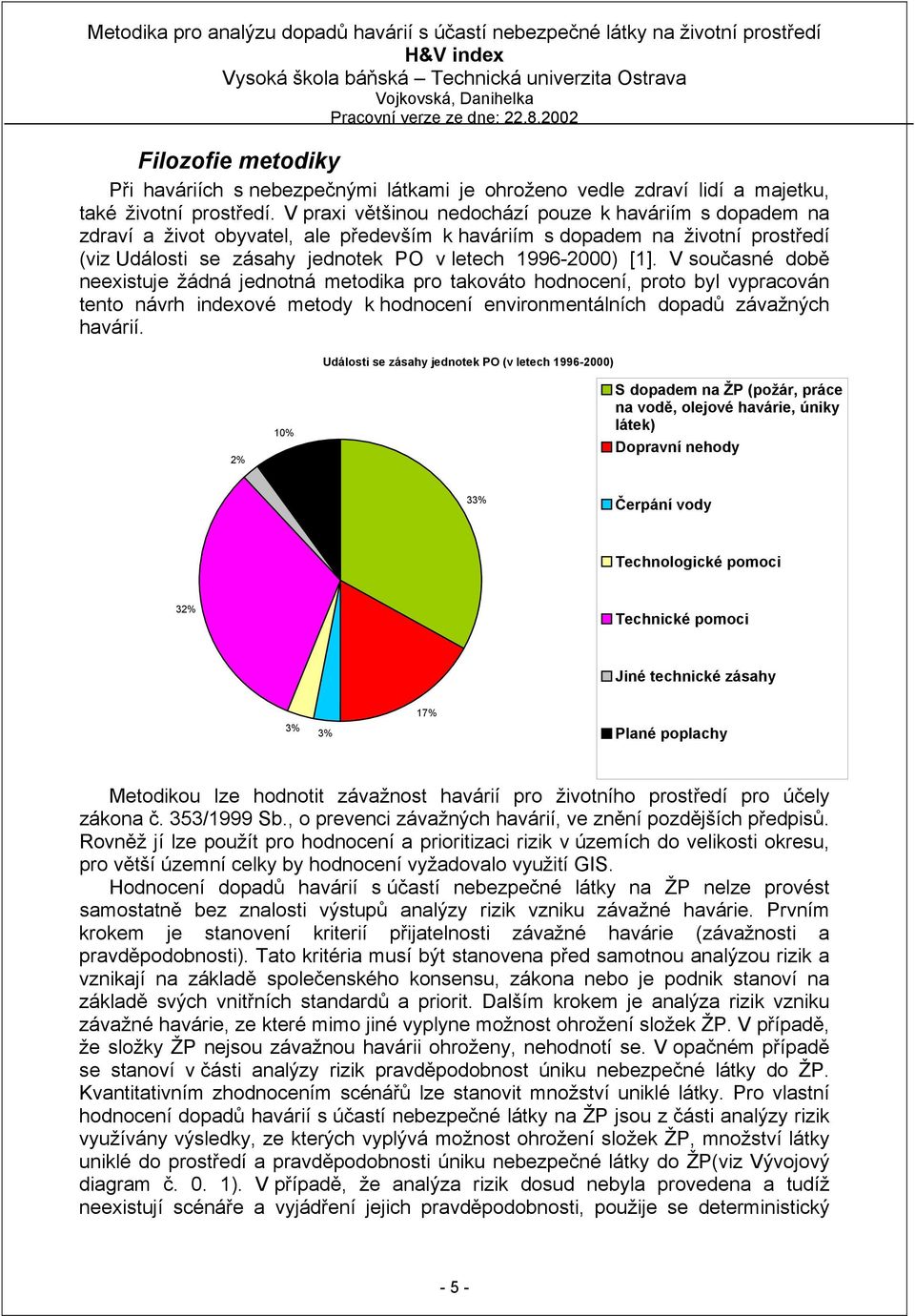 V současné době neexistuje žádná jednotná metodika pro takováto hodnocení, proto byl vypracován tento návrh indexové metody k hodnocení environmentálních dopadů závažných havárií.
