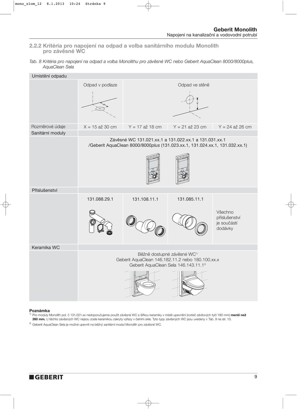X = 15 aï 30 cm Y = 17 aï 18 cm Y = 21 aï 23 cm Y = 24 aï 26 cm Závěsné WC 131.021.xx.1 a 131.022.xx.1 a 131.031.xx.1 /Geberit AquaClean 8000/8000plus (131.023.xx.1, 131.024.xx.1, 131.032.xx.1) Příslušenství 131.