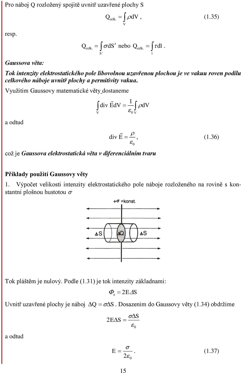 elektrostatická věta v diferenciálním tvaru V l div E, (36) Příklady použití Gaussovy věty Výpočet velikosti intenzity elektrostatického pole náboje rozloženého na rovině s