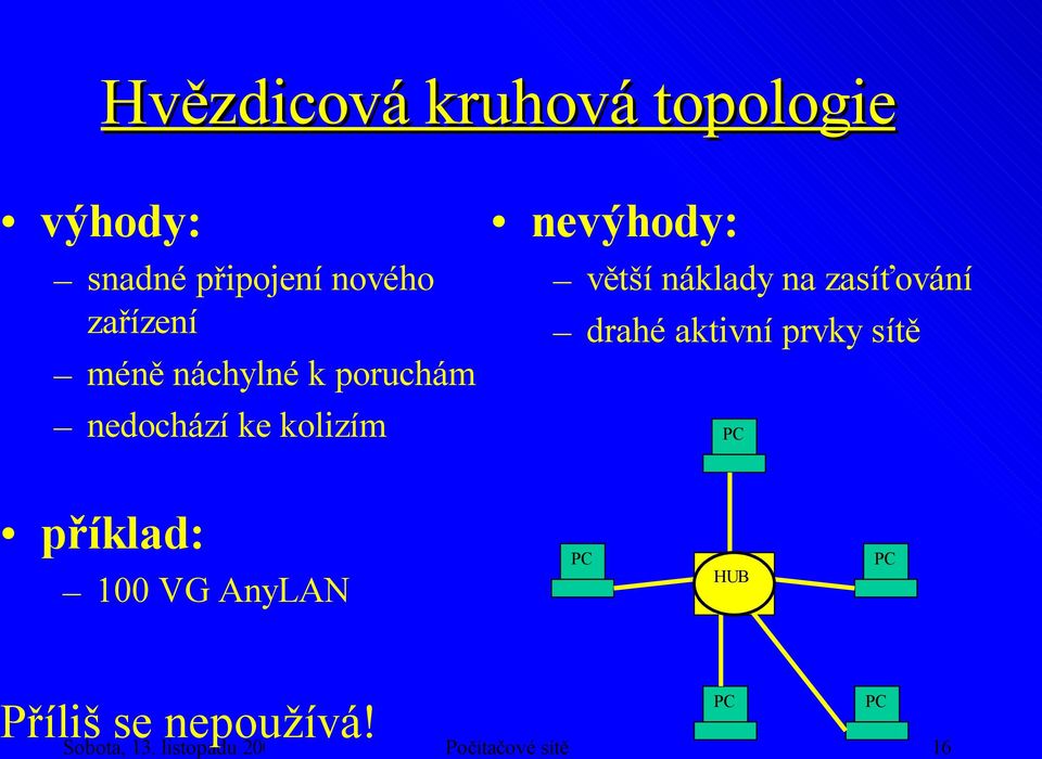 větší náklady na zasíťování drahé aktivní prvky sítě příklad: 100