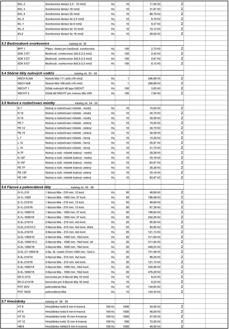 52 BFP 1 Připev. deska pro bezšroub. svorkovnice Ks 100 2,75 Kč 2 SDK 3 ET Bezšroub. svorkovnice 3x0,5-2,5 mm2 Ks 100 2,42 Kč 2 SDK 5 ET Bezšroub.