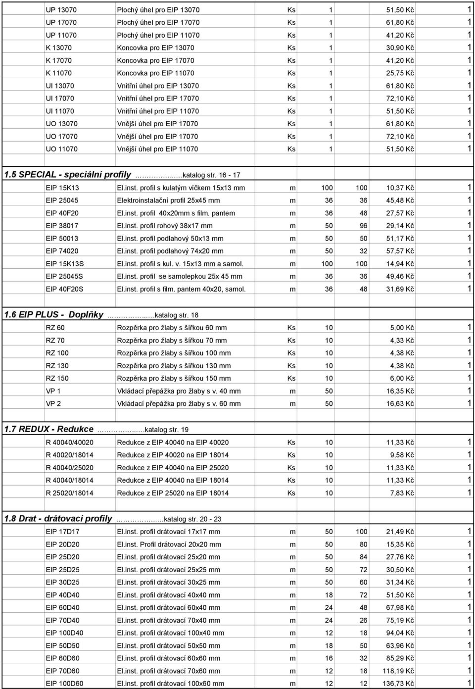 UI 11070 Vnitřní úhel pro EIP 11070 Ks 1 51,50 Kč 1 UO 13070 Vnější úhel pro EIP 17070 Ks 1 61,80 Kč 1 UO 17070 Vnější úhel pro EIP 17070 Ks 1 72,10 Kč 1 UO 11070 Vnější úhel pro EIP 11070 Ks 1 51,50