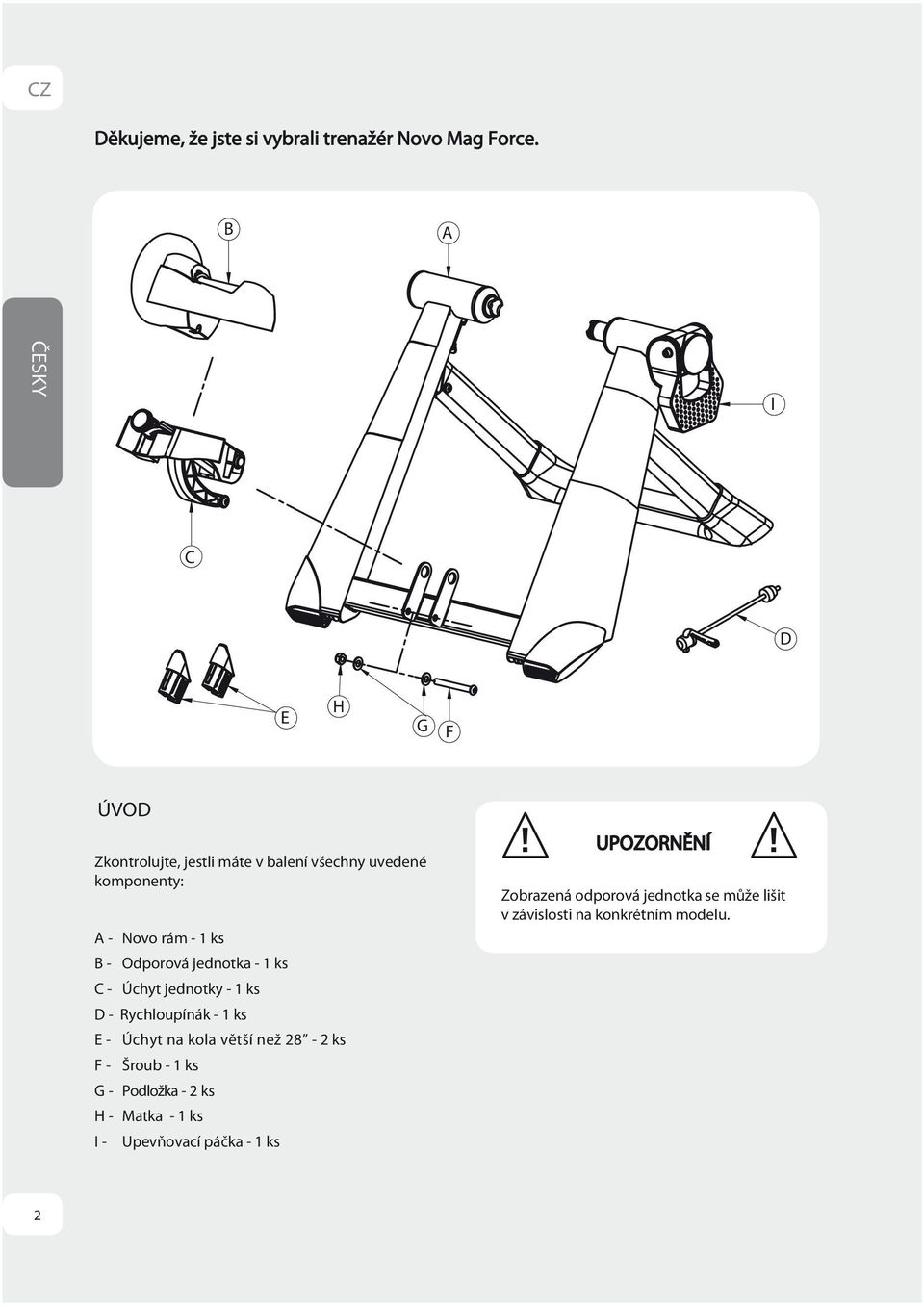 Odporová jednotka - 1 ks C - Úchyt jednotky - 1 ks D - Rychloupínák - 1 ks E - Úchyt na kola větší než 28-2 ks