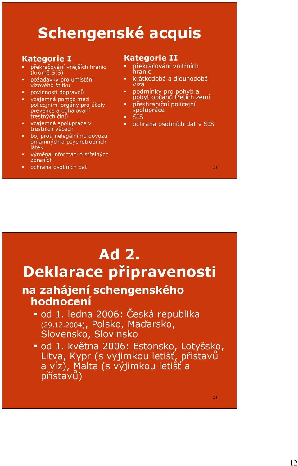 překračování vnitřních hranic krátkodobá a dlouhodobá víza podmínky pro pohyb a pobyt občanů třetích zemí přeshraniční policejní spolupráce SIS ochrana osobních dat v SIS 23 Ad 2.