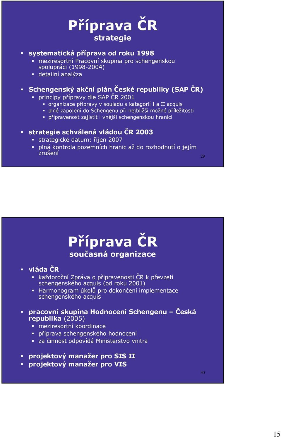 hranici strategie schválená vládou ČR 2003 strategické datum: říjen 2007 plná kontrola pozemních hranic až do rozhodnutí o jejím zrušení 29 Příprava ČR současná organizace vláda ČR každoroční Zpráva