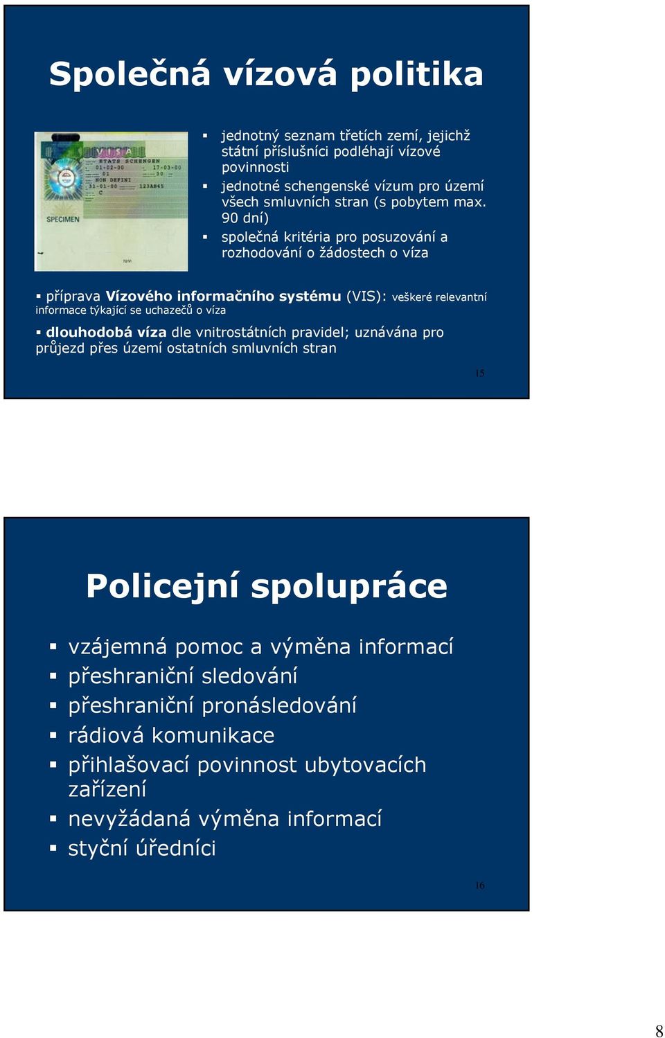 90 dní) společná kritéria pro posuzování a rozhodování o žádostech o víza příprava Vízového informačního systému (VIS): veškeré relevantní informace týkající se uchazečů o