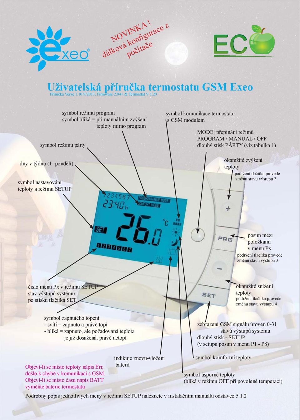 GSM modulem MODE: přepínání režimů PROGRAM / MANUAL / OFF dlouhý stisk PÁRTY (viz tabulka ) okamžité zvýšení teploty podržení tlačítka provede změnu stavu výstupu 2 posun mezi položkami v menu Px