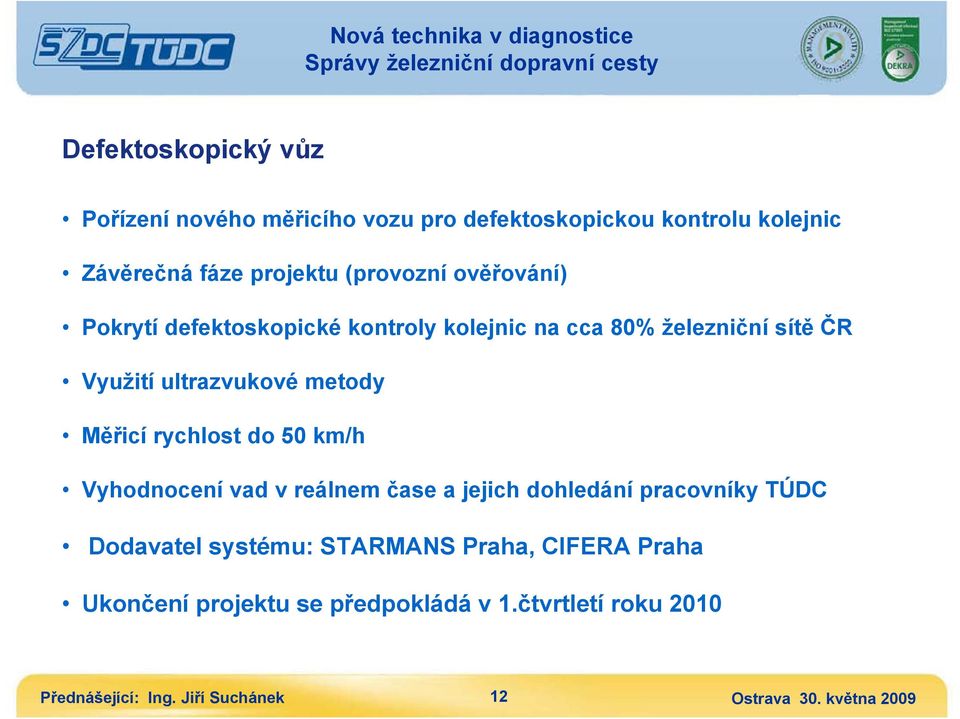 metody Měřicí rychlost do 50 km/h Vyhodnocení vad v reálnem čase a jejich dohledání pracovníky TÚDC Dodavatel