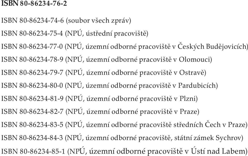 Pardubicích) ISBN 80-86234-81-9 (NPÚ, územní odborné pracoviště v Plzni) ISBN 80-86234-82-7 (NPÚ, územní odborné pracoviště v Praze) ISBN 80-86234-83-5 (NPÚ, územní odborné pracoviště