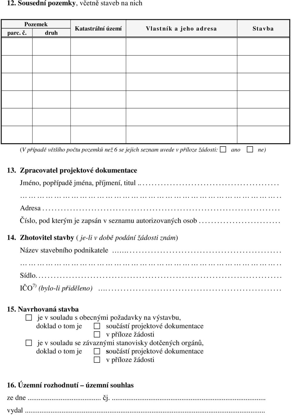 Zpracovatel projektové dokumentace Jméno, popřípadě jména, příjmení, titul................................................. Adresa.............................................................................. Číslo, pod kterým je zapsán v seznamu autorizovaných osob.