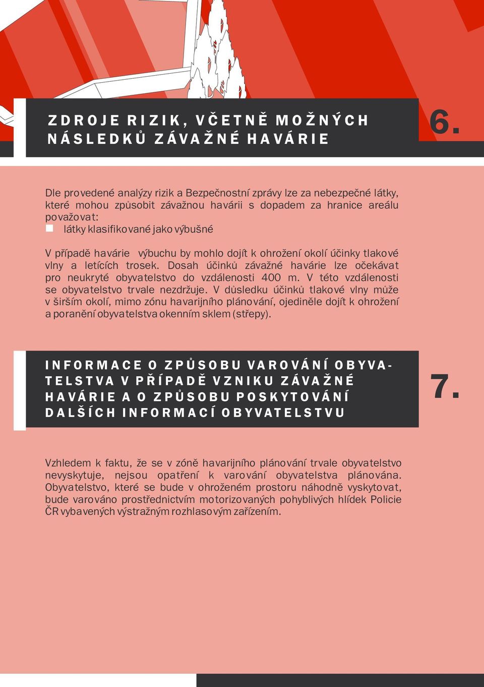 jako výbušné V pøípadì havárie výbuchu by mohlo dojít k ohrožení okolí úèinky tlakové vlny a letících trosek. Dosah úèinkù závažné havárie lze oèekávat pro neukryté obyvatelstvo do vzdálenosti 400 m.