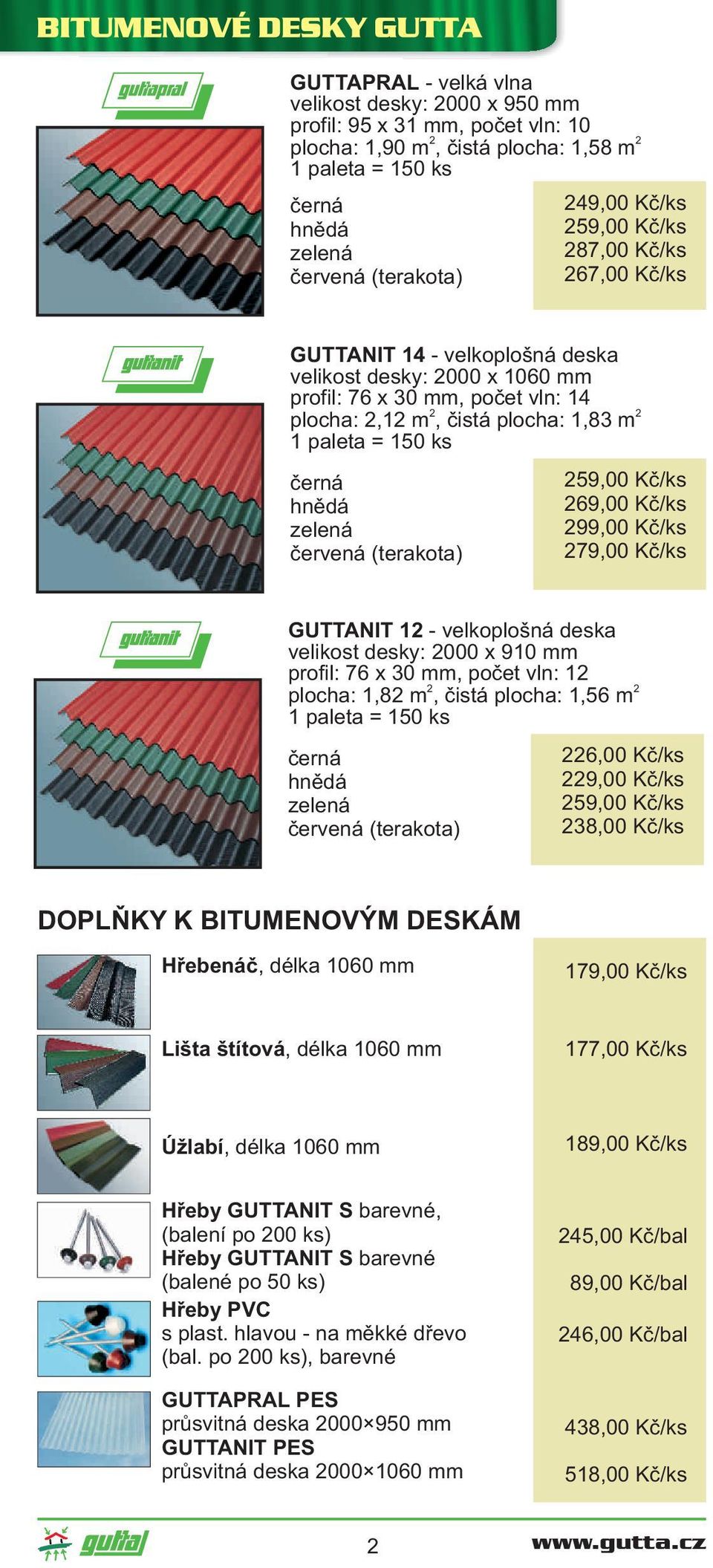 èervená (terakota) 59,00 Kè/ks 69,00 Kè/ks 99,00 Kè/ks 79,00 Kè/ks GUTTANIT 1 - velkoplošná deska velikost desky: 000 x 910 mm profil: 76 x 30 mm, poèet vln: 1 plocha: 1,8 m, èistá plocha: 1,56 m 1
