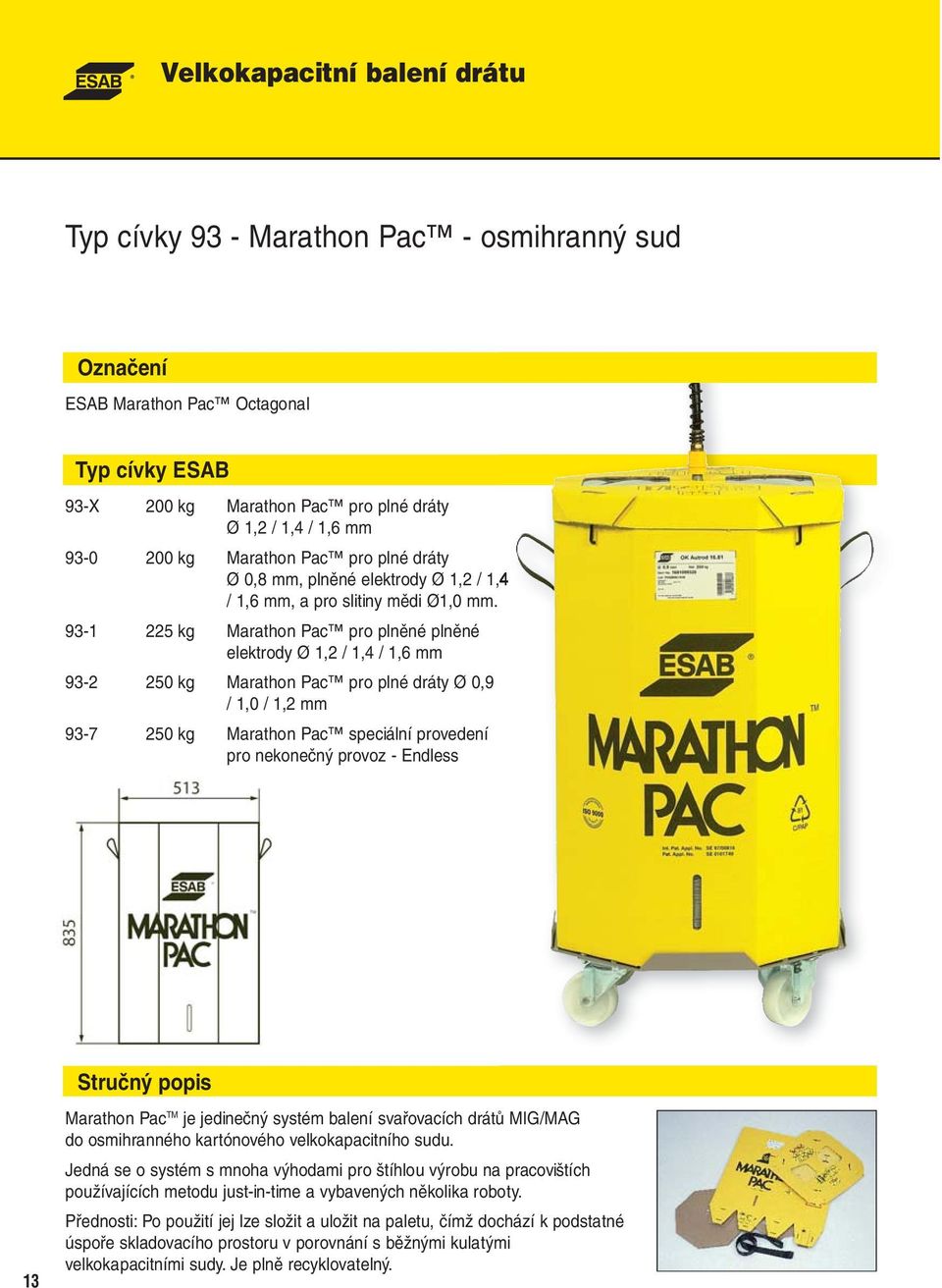 93-1 225 kg Marathon Pac pro plněné plněné elektrody Ø 1,2 / 1,4 / 1,6 mm 93-2 250 kg Marathon Pac pro plné dráty Ø 0,9 / 1,0 / 1,2 mm 93-7 250 kg Marathon Pac speciální provedení pro nekonečný