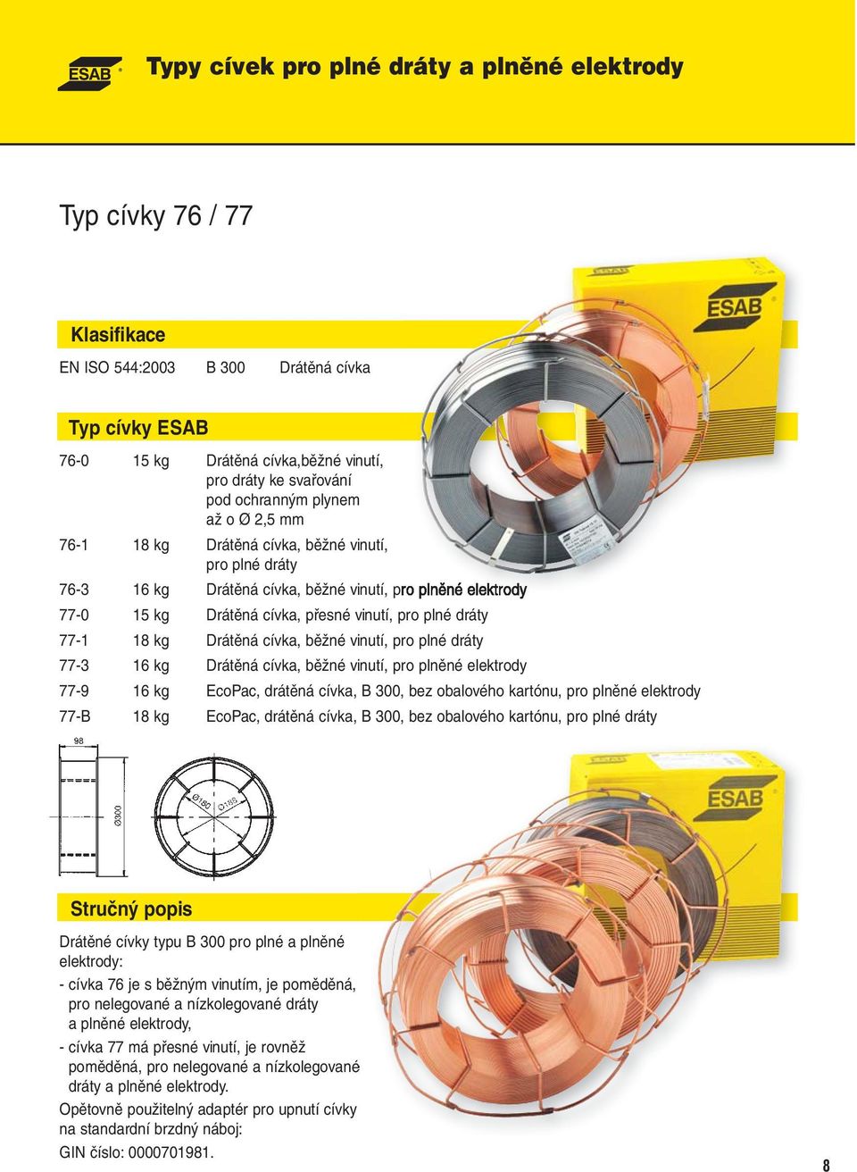 dráty 77-1 18 kg Drátěná cívka, běžné vinutí, pro plné dráty 77-3 16 kg Drátěná cívka, běžné vinutí, pro plněné elektrody 77-9 16 kg EcoPac, drátěná cívka, B 300, bez obalového kartónu, pro plněné
