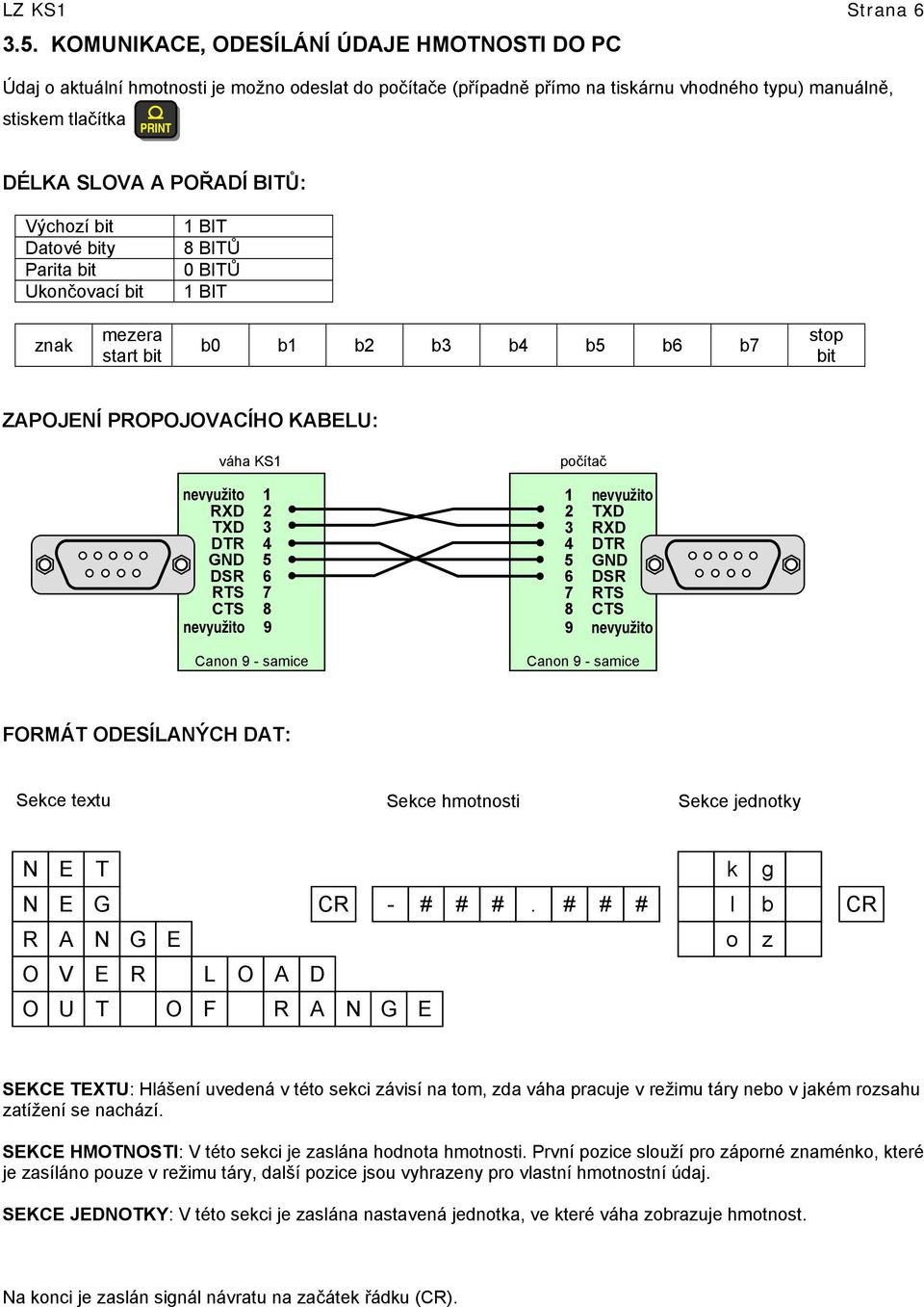 BITŮ: Výchozí bit Datové bity Parita bit Ukončovací bit 1 BIT 8 BITŮ 0 BITŮ 1 BIT znak mezera start bit b0 b1 b2 b3 b4 b5 b6 b7 stop bit ZAPOJENÍ PROPOJOVACÍHO KABELU: váha KS1 nevyužito 1 RXD 2 TXD