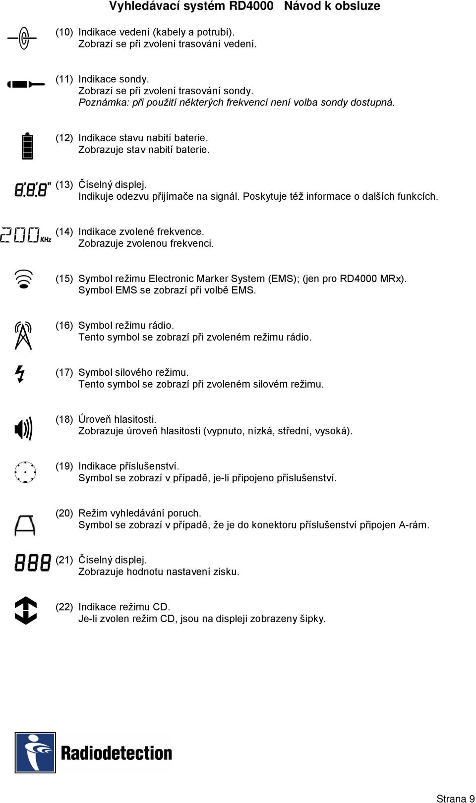 Poskytuje též informace o dalších funkcích. (14) Indikace zvolené frekvence. Zobrazuje zvolenou frekvenci. (15) Symbol režimu Electronic Marker System (EMS); (jen pro RD4000 MRx).