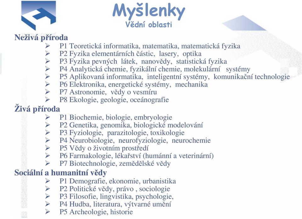 vesmíru P8 Ekologie, geologie, oceánografie Živá příroda P1 Biochemie, biologie, embryologie P2 Genetika, genomika, biologické modelování P3 Fyziologie, parazitologie, toxikologie P4 Neurobiologie,