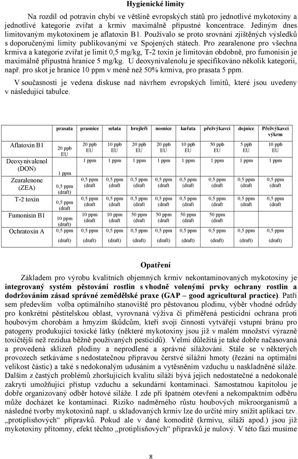 Pro zearalenone pro všechna krmiva a kategorie zvířat je limit 0,5 mg/kg, T-2 toxin je limitován obdobně, pro fumonisin je maximálně přípustná hranice 5 mg/kg.