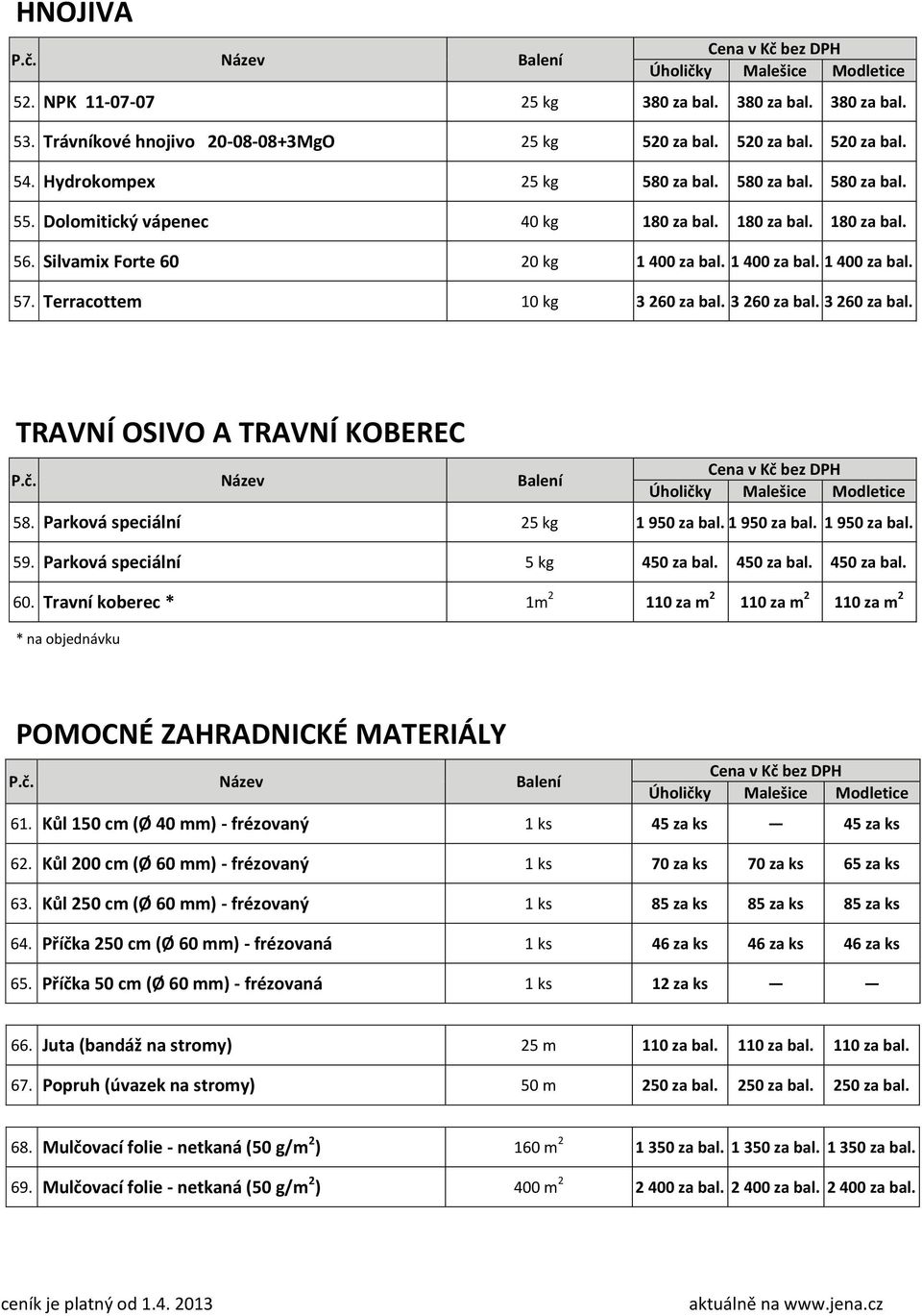 3 260 za bal. 3 260 za bal. TRAVNÍ OSIVO A TRAVNÍ KOBEREC P.č. Název Balení 58. Parková speciální 25 kg 1 950 za bal. 1 950 za bal. 1 950 za bal. 59. Parková speciální 5 kg 450 za bal. 450 za bal. 450 za bal. 60.