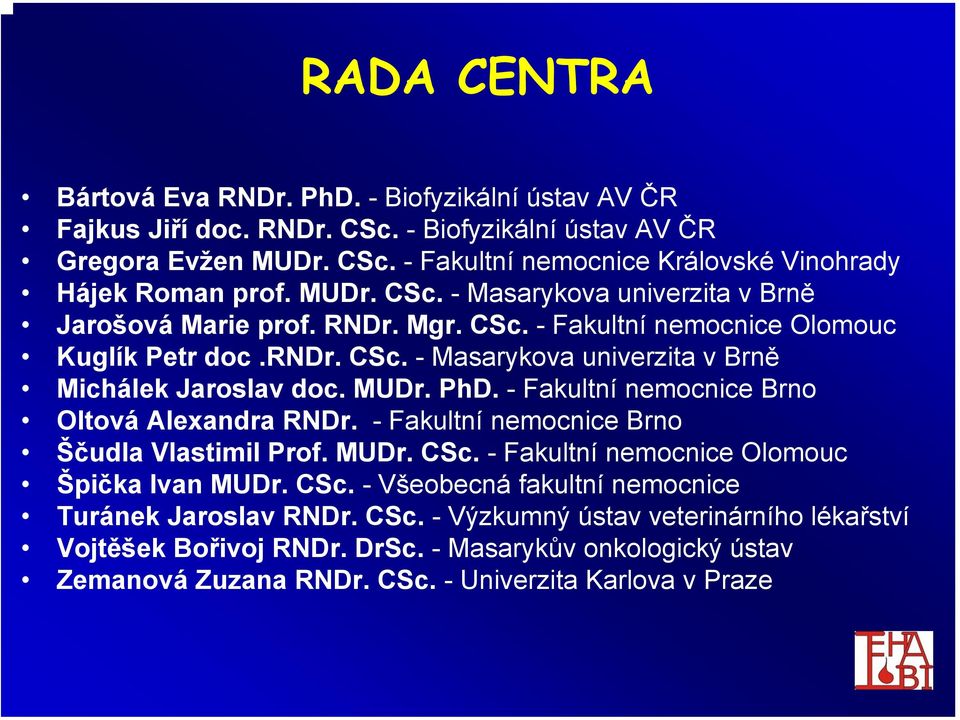 PhD. - Fakultní nemocnice Brno Oltová Alexandra RNDr. - Fakultní nemocnice Brno Ščudla Vlastimil Prof. MUDr. CSc. - Fakultní nemocnice Olomouc Špička Ivan MUDr. CSc. - Všeobecná fakultní nemocnice Turánek Jaroslav RNDr.