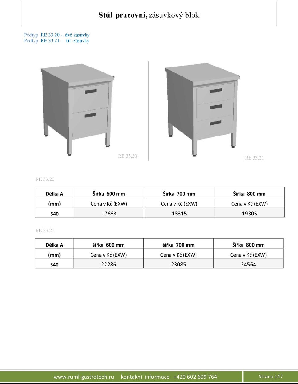 20 Délka A Šířka 600 mm Šířka 700 mm Šířka 800 mm 540 17663 18315 19305 RE 33.