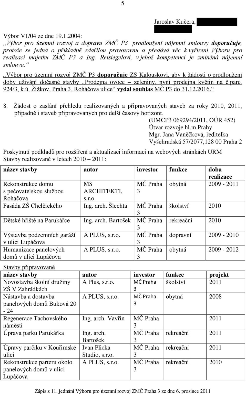 .1.2004: Výbor pro územní rozvoj a dopravu ZMČ P prodloužení nájemní smlouvy doporučuje, protože se jedná o příkladně zdařilou provozovnu a předává věc k vyřízení Výboru pro realizaci majetku ZMČ P a
