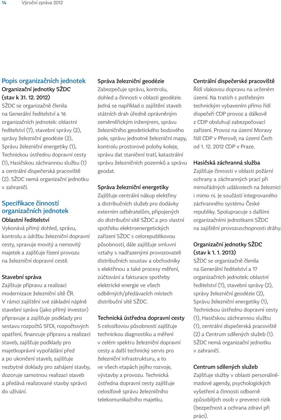 (1), Technickou ústřednu dopravní cesty (1), Hasičskou záchrannou službu (1) a centrální dispečerská pracoviště (2). SŽDC nemá organizační jednotku v zahraničí.