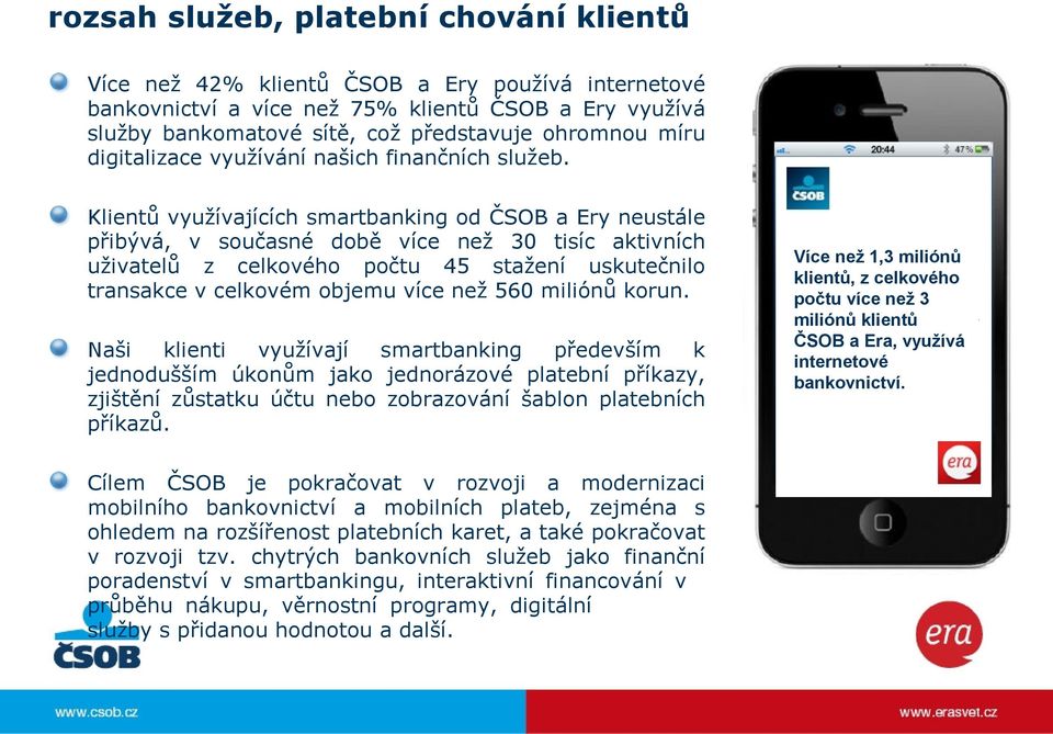 Klientů využívajících smartbanking od ČSOB a Ery neustále přibývá, v současné době více než 30 tisíc aktivních uživatelů z celkového počtu 45 stažení uskutečnilo transakce v celkovém objemu více než