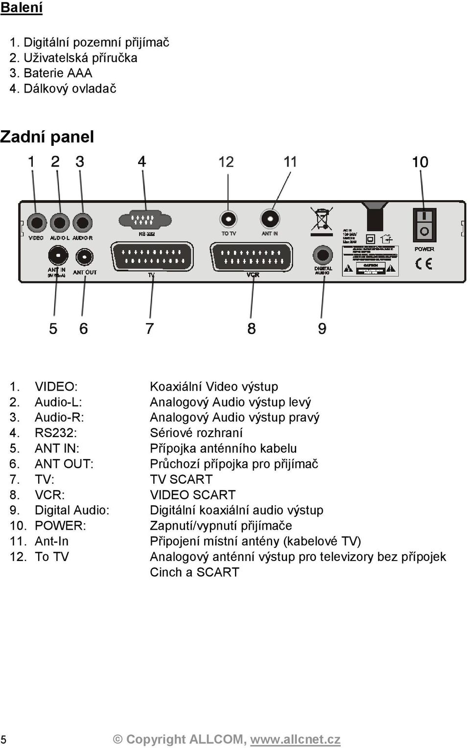 ANT OUT: Průchozí přípojka pro přijímač 7. TV: TV SCART 8. VCR: VIDEO SCART 9. Digital Audio: Digitální koaxiální audio výstup 10.