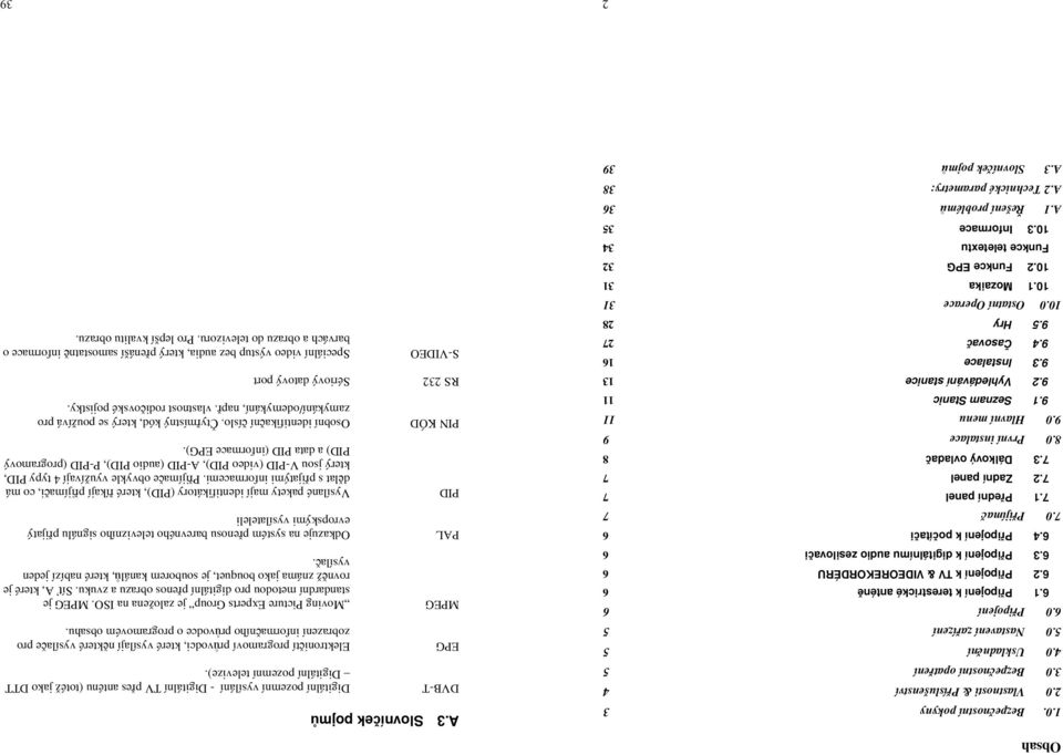 0 První instalace 9 9.0 Hlavní menu 11 9.1 Seznam Stanic 11 9.2 Vyhledávání stanice 13 9.3 Instalace 16 9.4 Časovač 27 9.5 Hry 28 A.