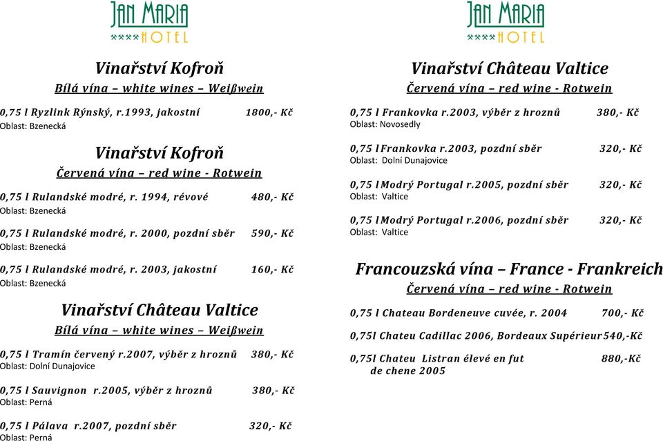 2007, výběr z hroznů 380,- Kč Oblast: Dolní Dunajovice 0,75 l Sauvignon r.2005, výběr z hroznů 380,- Kč Oblast: Perná Vinařství Château Valtice 0,75 l Frankovka r.