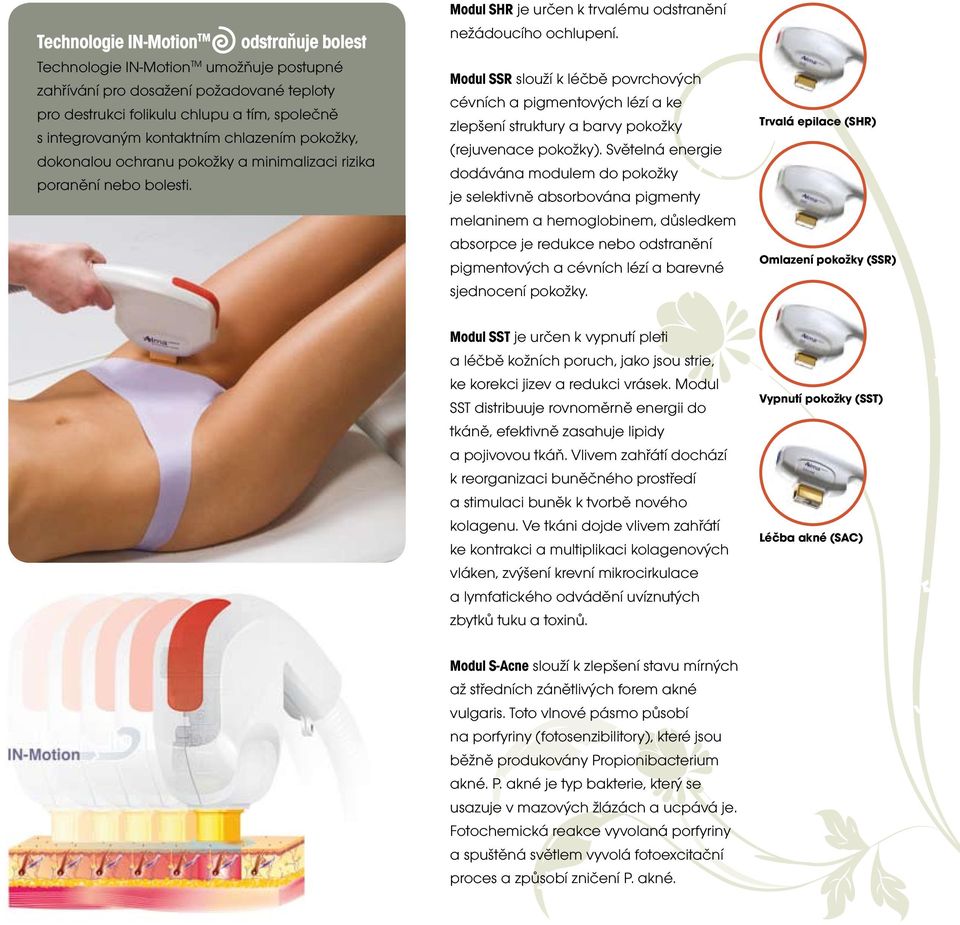 Modul SSR slouží k léčbě povrchových cévních a pigmentových lézí a ke zlepšení struktury a barvy pokožky (rejuvenace pokožky).