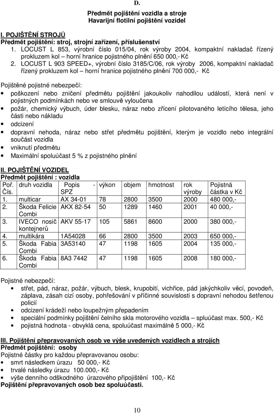 LOCUST L 903 SPEED+, výrobní číslo 3185/C/06, rok výroby 2006, kompaktní nakladač řízený prokluzem kol horní hranice pojistného plnění 700 000,- Kč Pojištěné pojistné nebezpečí: poškození nebo