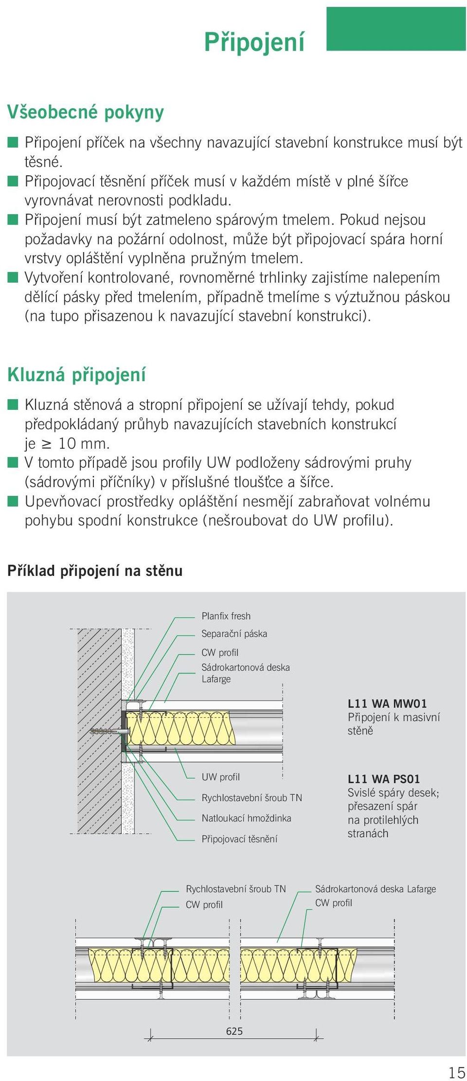 Vytvoření kontrolované, rovnoměrné trhlinky zajistíme nalepením dělící pásky před tmelením, případně tmelíme s výztužnou páskou (na tupo přisazenou k navazující stavební konstrukci).