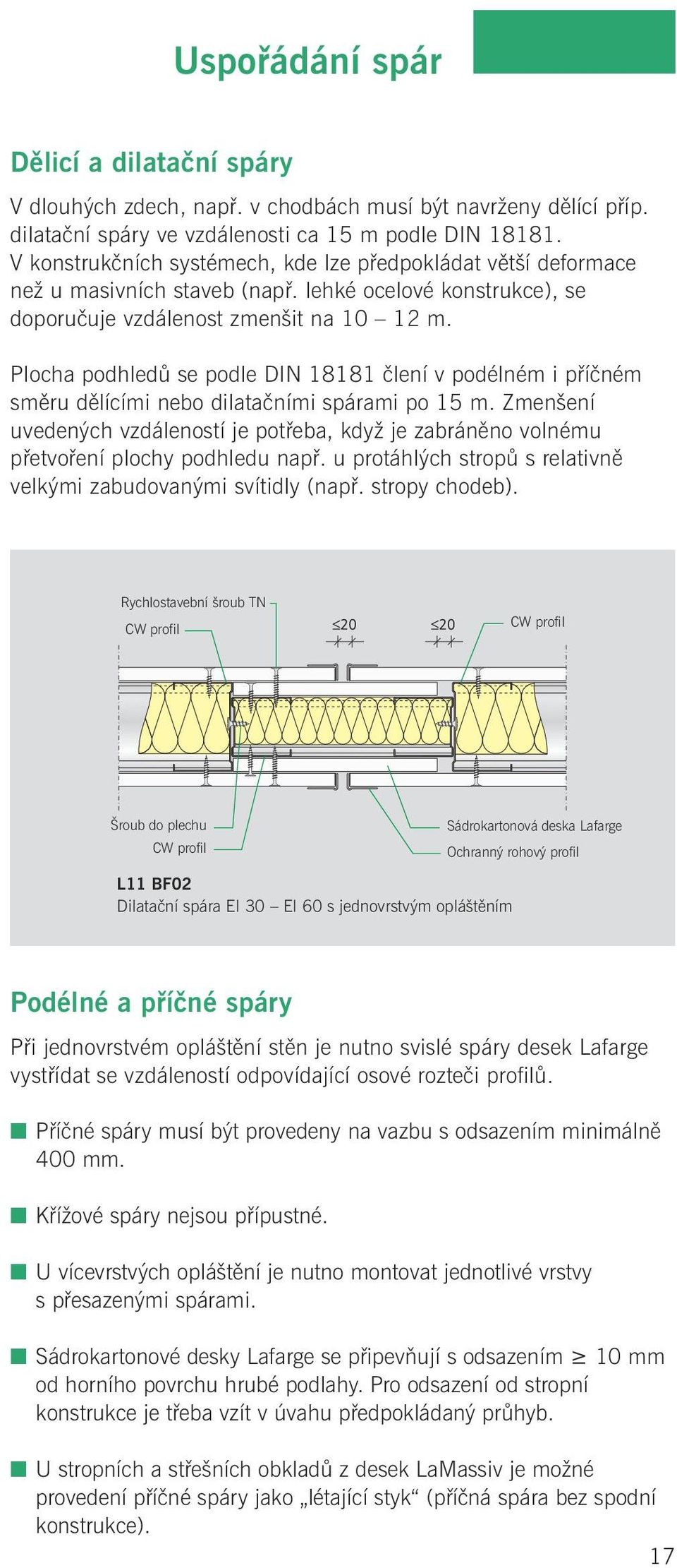 Plocha podhledů se podle DIN 18181 člení v podélném i příčném směru dělícími nebo dilatačními spárami po 15 m.