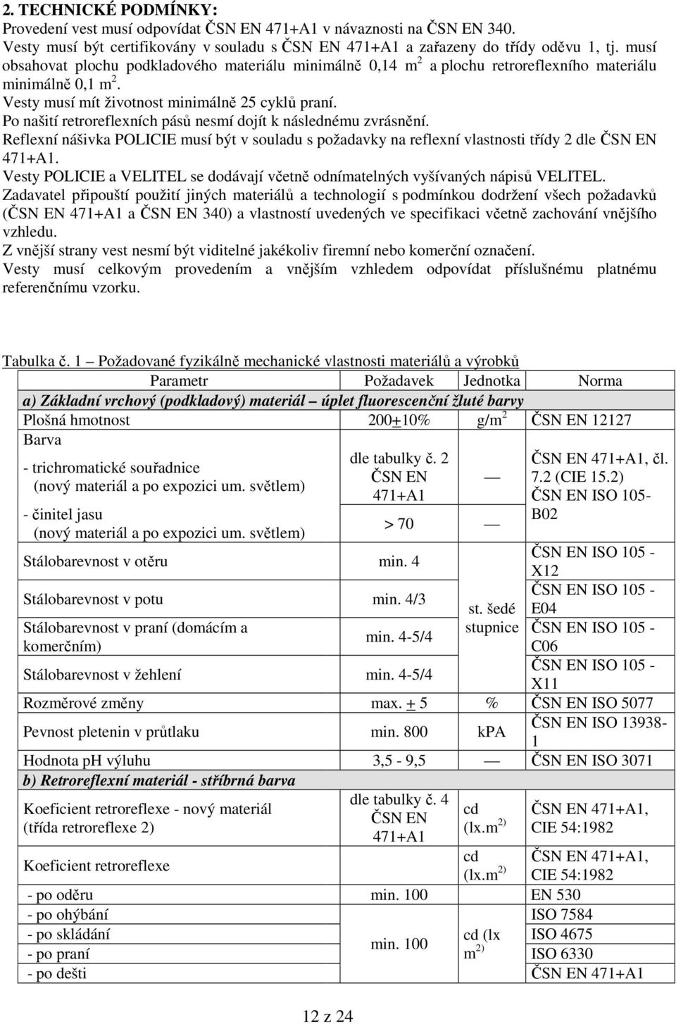 Po našití retroreflexních pásů nesmí dojít k následnému zvrásnění. Reflexní nášivka POLICIE musí být v souladu s požadavky na reflexní vlastnosti třídy 2 dle ČSN EN 471+A1.