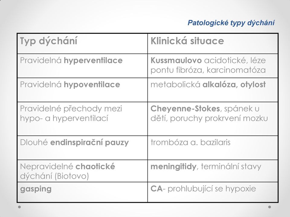 hypo- a hyperventilací Cheyenne-Stokes, spánek u dětí, poruchy prokrvení mozku Dlouhé endinspirační pauzy